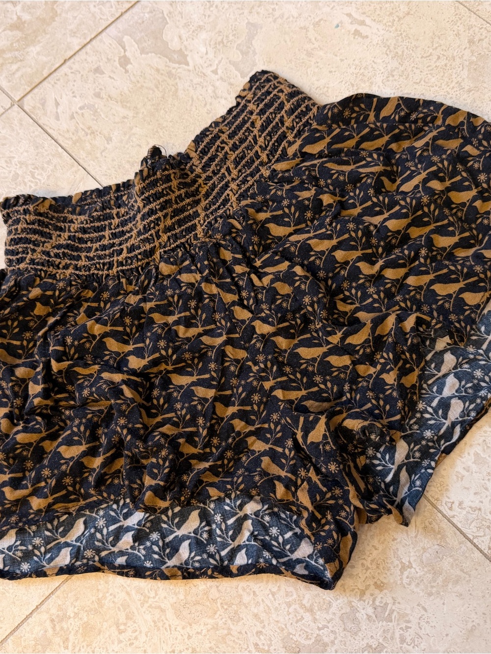 Smocked Waist Floral Print Skirt in Black & Mustard